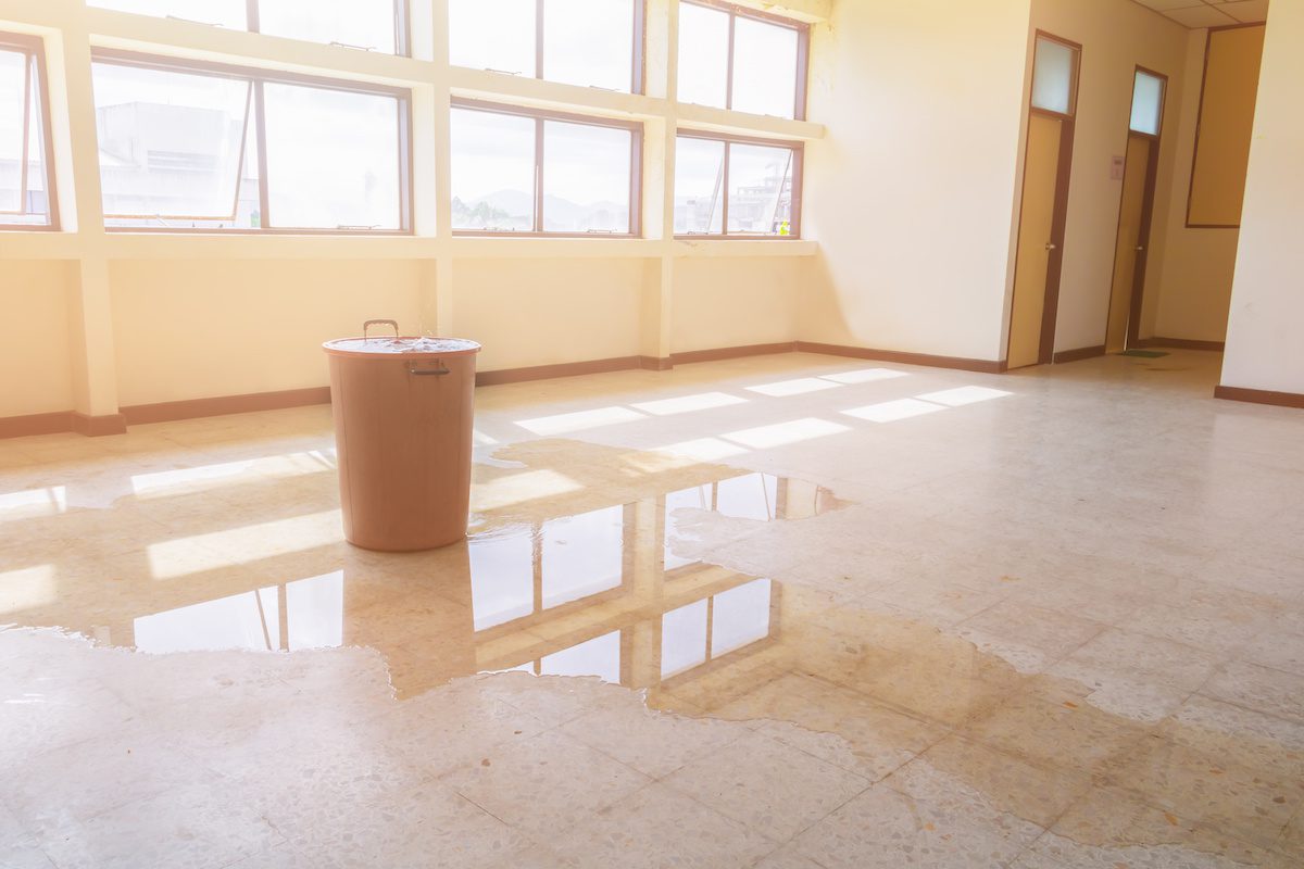 Close-up Photo Of Flooded Floor In Kitchen From Water Leak<br />
